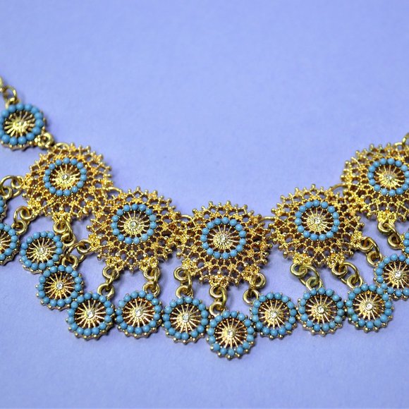 Intricate Gold & Turquoise Beaded Statement Necklace - Picture 5 of 5